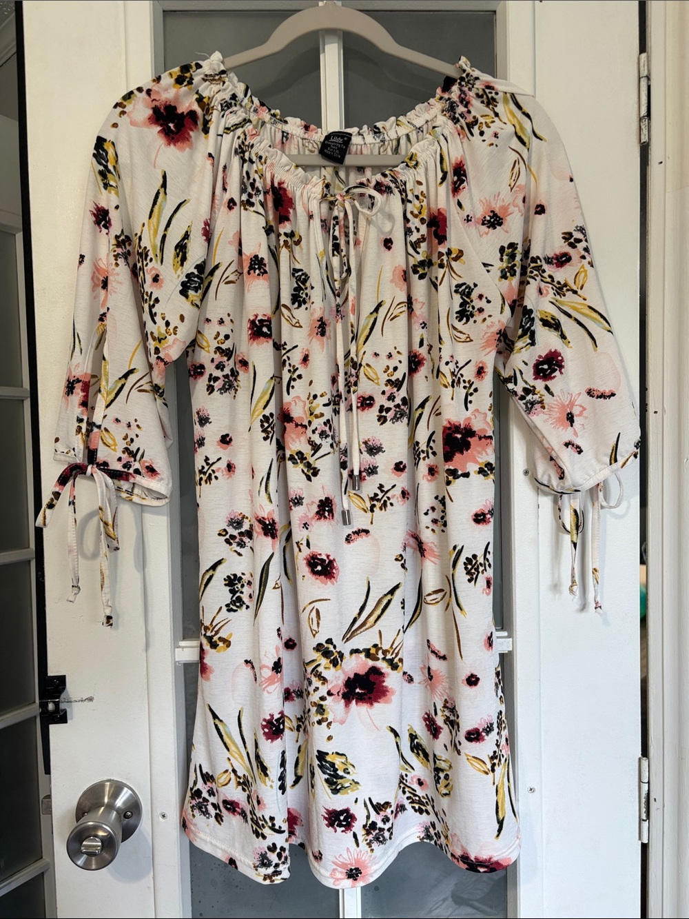 Off-Shoulder Floral Midi Dress in White with Pink & Black Accents